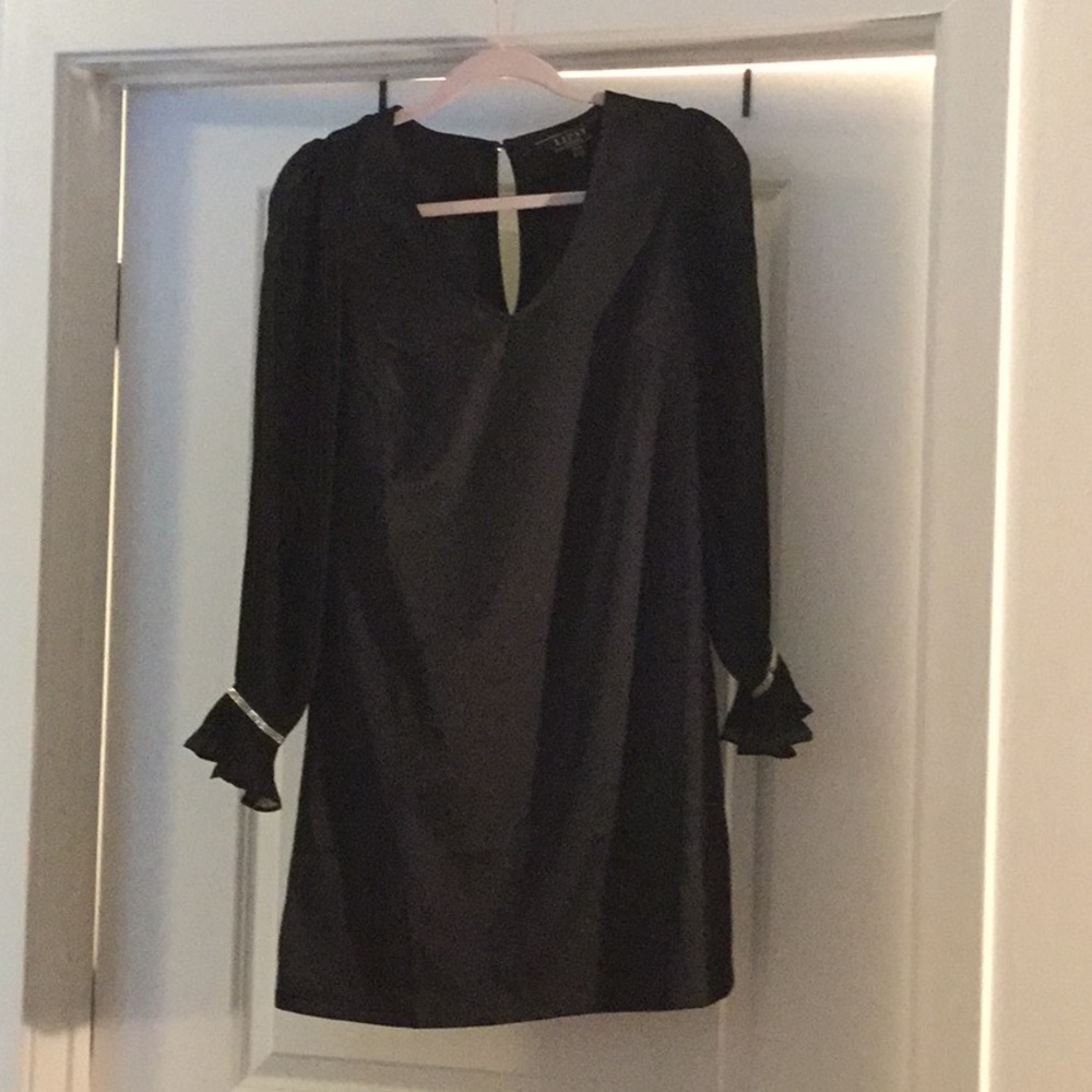 Black Satin Dress with Pleated Sleeve, Rhinestones